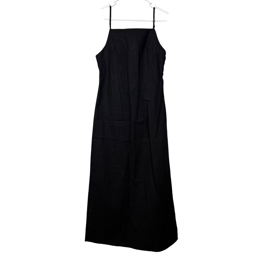 Miou Muse Midi Dress Womens S Black  Linen Blend Open Back Coastal Vaca Summer
